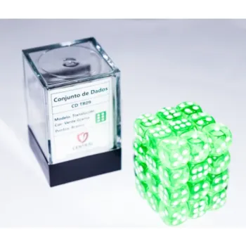 Kit 36 Dados D6 12mm Translúcido Verde Grama c/ Pontos Brancos - Central