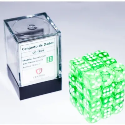 Kit 36 Dados D6 12mm Translúcido Verde Grama c/ Pontos Brancos - Central