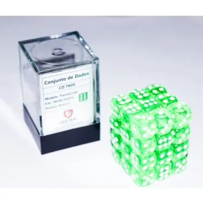 Kit 36 Dados D6 12mm Translúcido Verde Grama c/ Pontos Brancos - Central