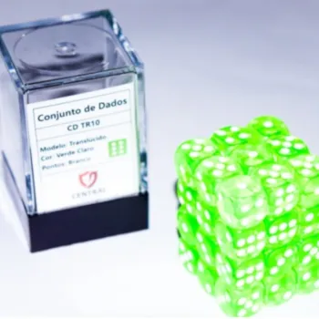 Kit 36 Dados D6 12mm Translúcido Verde Claro c/ Pontos Brancos - Central