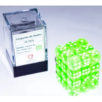 Kit 36 Dados D6 12mm Translúcido Verde Claro c/ Pontos Brancos - Central