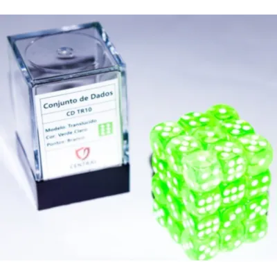 Kit 36 Dados D6 12mm Translúcido Verde Claro c/ Pontos Brancos - Central