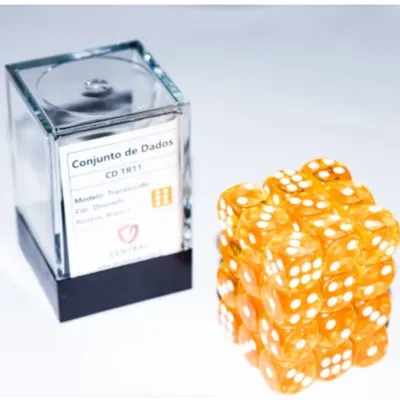 Kit 36 Dados D6 12mm Translúcido Dourado c/ Pontos Brancos - Central