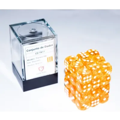 Kit 36 Dados D6 12mm Translúcido Dourado c/ Pontos Brancos - Central