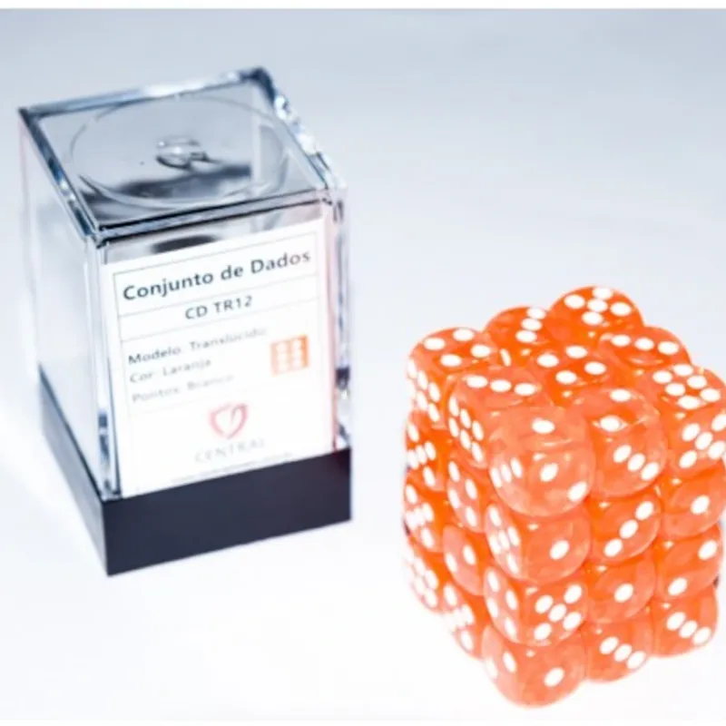 Kit 36 Dados D6 12mm Translúcido Laranja c/ Pontos Brancos - Central