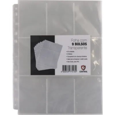 Folha para Fichário 9 Bolsos 11 Furos Transparente (Pacote c/50) - Central