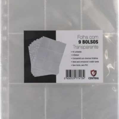 Folha para Fichário 9 Bolsos 11 Furos Transparente (Pacote c/50) - Central