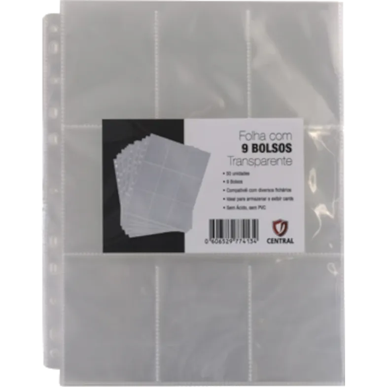 Folha para Fichário 9 Bolsos 11 Furos Transparente (Pacote c/50) - Central