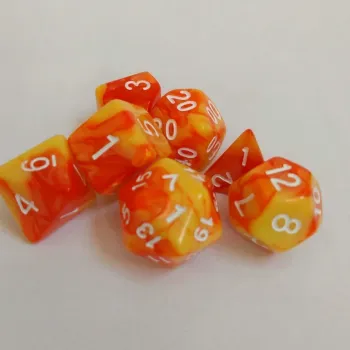 Kit 7 Dados Marmorizados Amarelo/Laranja c/ Números Brancos