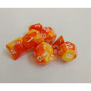 Kit 7 Dados Marmorizados Amarelo/Laranja c/ Números Brancos