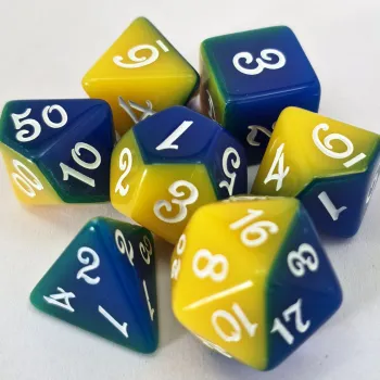 Kit 7 Dados Opaco Duo Azul/Amarelo c/ Números Brancos
