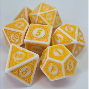 Kit 7 Dados Wood Reverso Amarelo c/ Números Amarelos