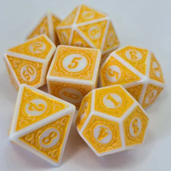 Kit 7 Dados Wood Reverso Amarelo c/ Números Amarelos