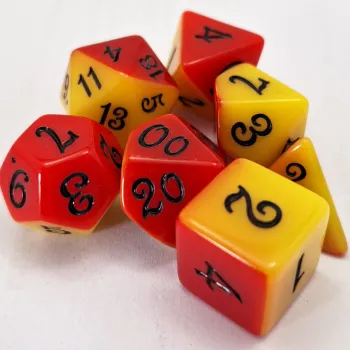 Kit 7 Dados Opaco Duo Vermelho/Amarelo c/ Números Pretos