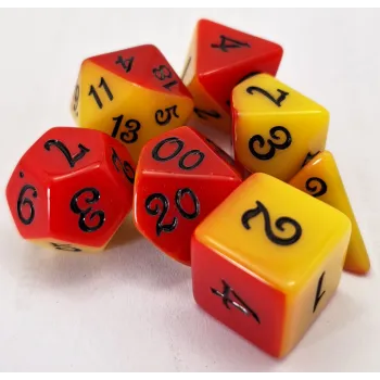 Kit 7 Dados Opaco Duo Vermelho/Amarelo c/ Números Pretos