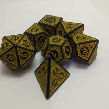 Kit 7 Dados Wood Amarelo c/ Números Amarelos