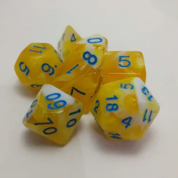 Kit 7 Dados Marmorizados Malhado Amarelo c/ Números Azuis
