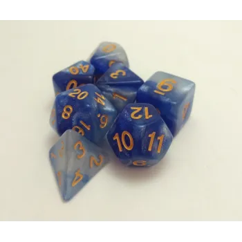 Kit 7 Dados Glitter Marmorizado Azul/Branco c/ Números Dourados