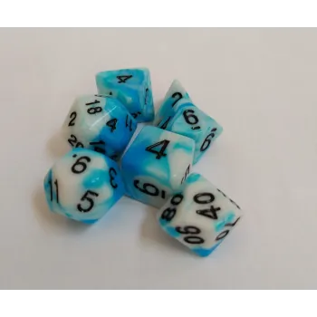 Kit 7 Dados Marmorizados Azul/Branco c/ Números Pretos