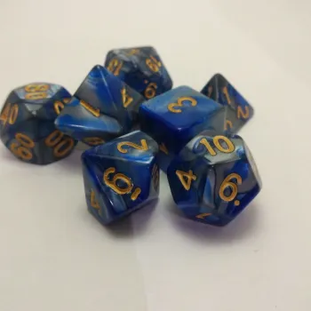 Kit 7 Dados Marmorizados Azul/Cinza c/ Números Dourados