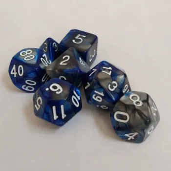 Kit 7 Dados Marmorizados Azul/Cinza c/ Números Brancos