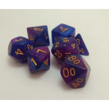Kit 7 Dados Glitter Marmorizado Azul/Lilás c/ Números Dourados