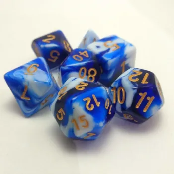 Kit 7 Dados Marmorizados Malhado Azul c/ Números Dourados