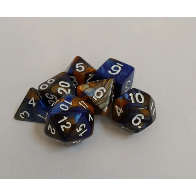 Kit 7 Dados Marmorizados Azul/Marrom c/ Números Brancos