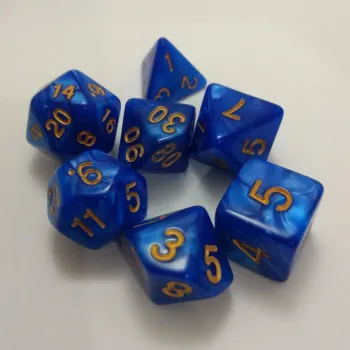 Kit 7 Dados Perolado Azul c/ Números Dourados
