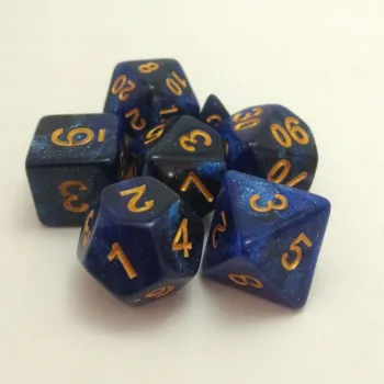 Kit 7 Dados Glitter Marmorizado Azul/Preto c/ Números Dourados