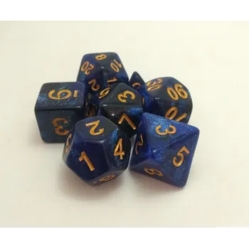 Kit 7 Dados Glitter Marmorizado Azul/Preto c/ Números Dourados