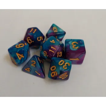 Kit 7 Dados Marmorizados Ciano/Violeta c/ Números Dourados