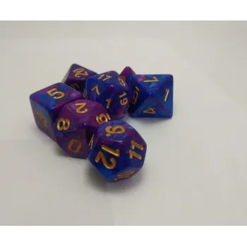 Kit 7 Dados Marmorizados Azul/Violeta c/ Números Dourados