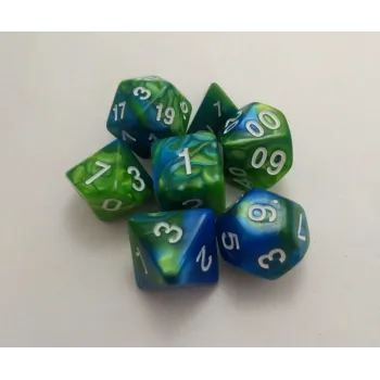 Kit 7 Dados Marmorizados Azul/Verde c/ Números Brancos