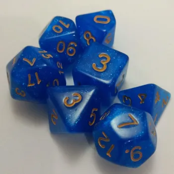 Kit 7 Dados Glitter Azul c/ Números Dourados