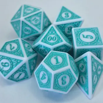 Kit 7 Dados Wood Reverso Ciano c/ Números Cianos