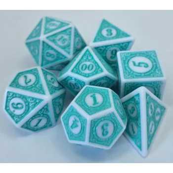 Kit 7 Dados Wood Reverso Ciano c/ Números Cianos