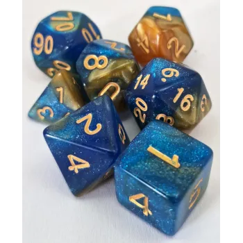 Kit 7 Dados Glitter Marmorizado Azul/Amarelo c/ Números Dourados