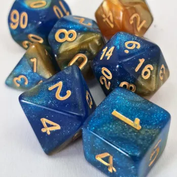 Kit 7 Dados Glitter Marmorizado Azul/Amarelo c/ Números Dourados