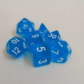 Kit 7 Dados Translúcido Azul c/ Números Brancos