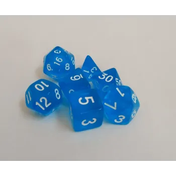 Kit 7 Dados Translúcido Azul c/ Números Brancos