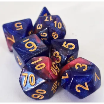 Kit 7 Dados Glitter Marmorizado Azul/Rosa c/ Números Dourados
