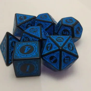 Kit 7 Dados Wood Azul c/ Números Azuis