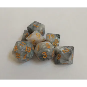 Kit 7 Dados Marmorizados Cinza/Branco c/ Números Dourados