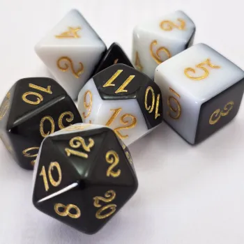 Kit 7 Dados Opaco Duo Branco/Preto c/ Números Dourados