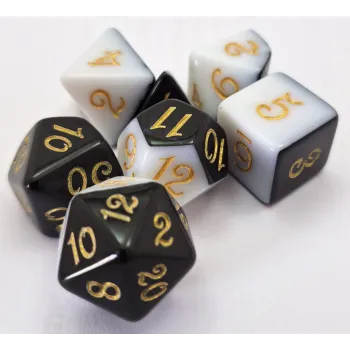 Kit 7 Dados Opaco Duo Branco/Preto c/ Números Dourados