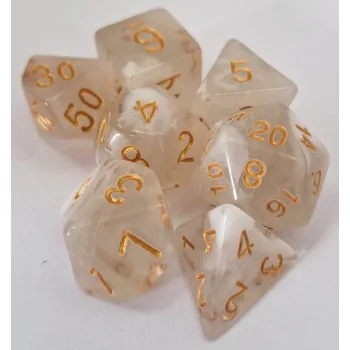 Kit 7 Dados Translúcido Branco c/ Números Dourados