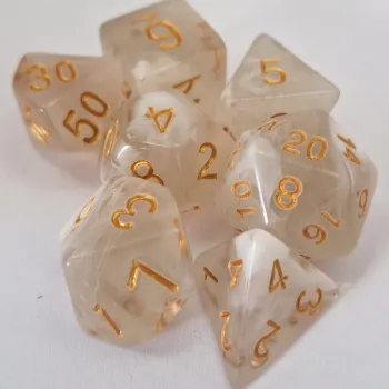 Kit 7 Dados Translúcido Branco c/ Números Dourados