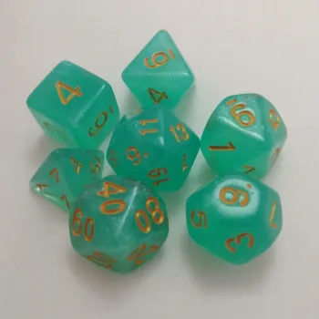 Kit 7 Dados Glitter Ciano c/ Números Dourados