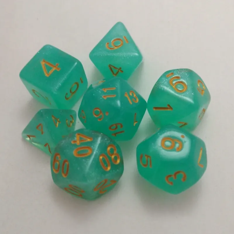 Kit 7 Dados Glitter Ciano c/ Números Dourados